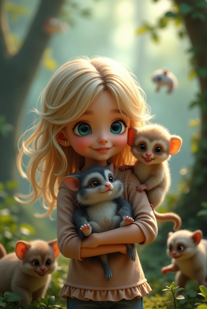 create a blonde girl with blue eyes, holding a chinchilla and a capuchin monkey on her shoulder, with various animals around her, in a magical forest, as if it were a photo, hair with highlights, blue eyes, wide eyes, smile, smiley, cheek to cheek, surprise box toy style, streaked hair, aqua eyes, wide eyes, grin, smiley, cheek-to-cheek, perspective, blind box toy style, perspective