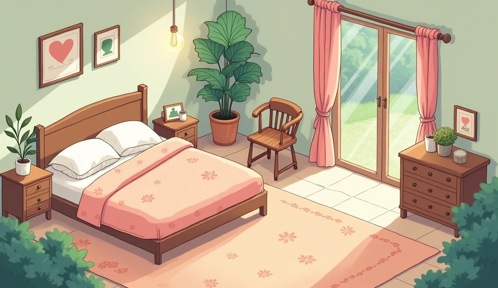 (masterpiece:1.2, Highest quality,Ultra-high resolution,Super detailed),8k,(wallpaper),(Best illustrations:2.0),(chibi bedroom : 2.0),(bedroom ,Very simple design),(isometric illustration) lofi, cozy, Studio ghibli style ,pastel tones, landscape