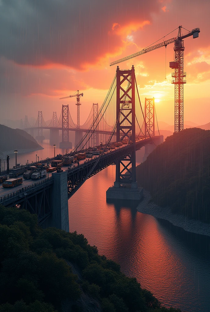 Generate a construction site of bridge in a beautiful river and time is sunset and. Also raining