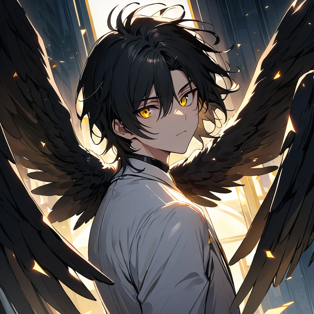 A male with black hair, have a black wings, gold eye Solo, High Resolution, Looking at viewer, HD, Backlighting, wearing white suit