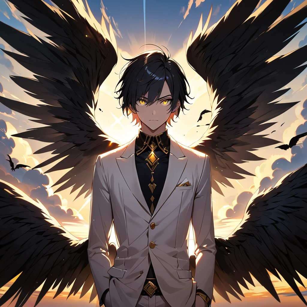 A male with black hair, have a black wings, gold eye Solo, High Resolution, Looking at viewer, HD, Backlighting, wearing white suit