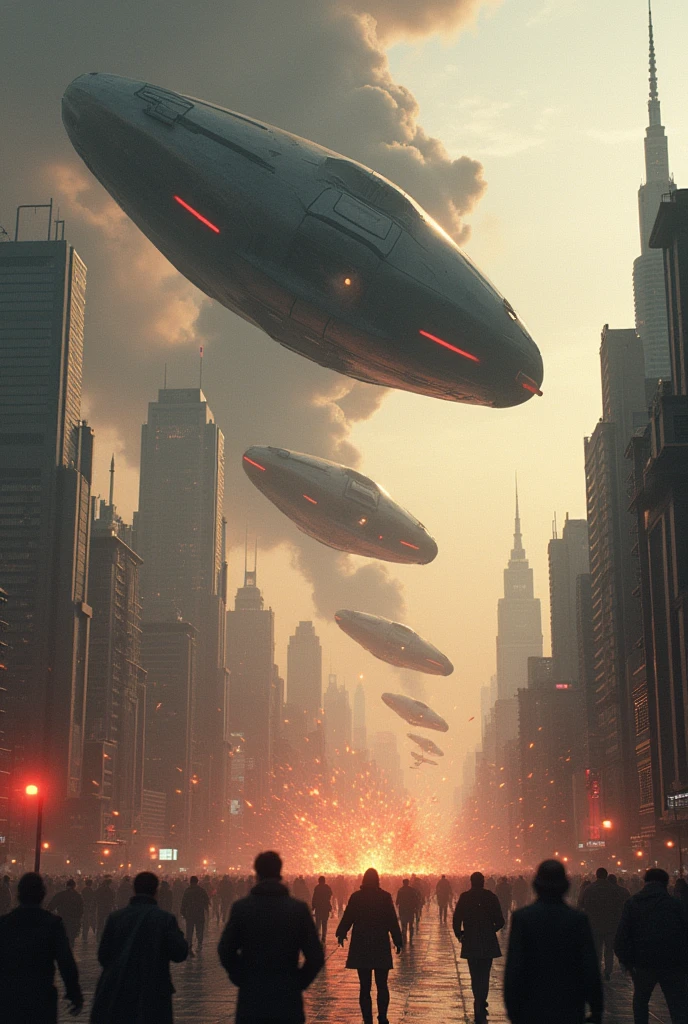 **Scene 5: Alien Spaceships Invading City**
- Alien spaceships (sleek, metallic, and dark) descend from the sky, firing laser beams at the city. Explosions and crumbling skyscrapers in the background. The city is in chaos with people running.