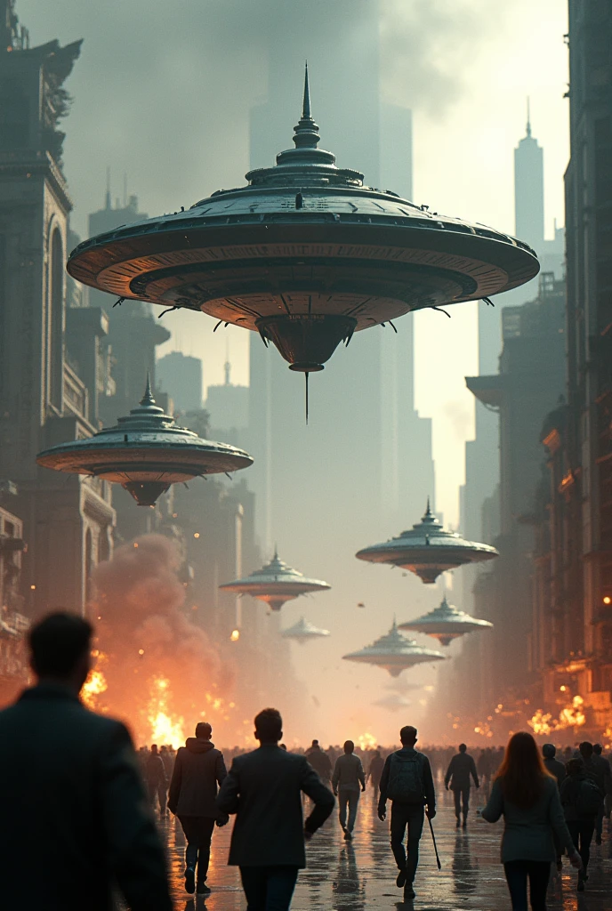 **Scene 5: Alien Spaceships Invading City**
- Alien spaceships (sleek, metallic, and dark) descend from the sky, firing laser beams at the city. Explosions and crumbling skyscrapers in the background. The city is in chaos with people running.
