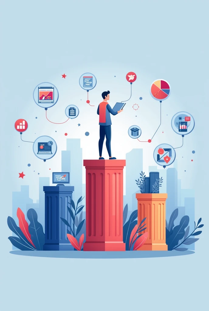 Create an image with three pillars labeled &#39;Segmentation&#39;, &#39;Optimization&#39; and &#39;Results Analysis&#39; in a sleek, modern design. Include a central figure symbolizing a growing business, surrounded by digital marketing icons. texto: &#39;Discover the pillars of success with paid traffic. Let&#39;s climb together!

