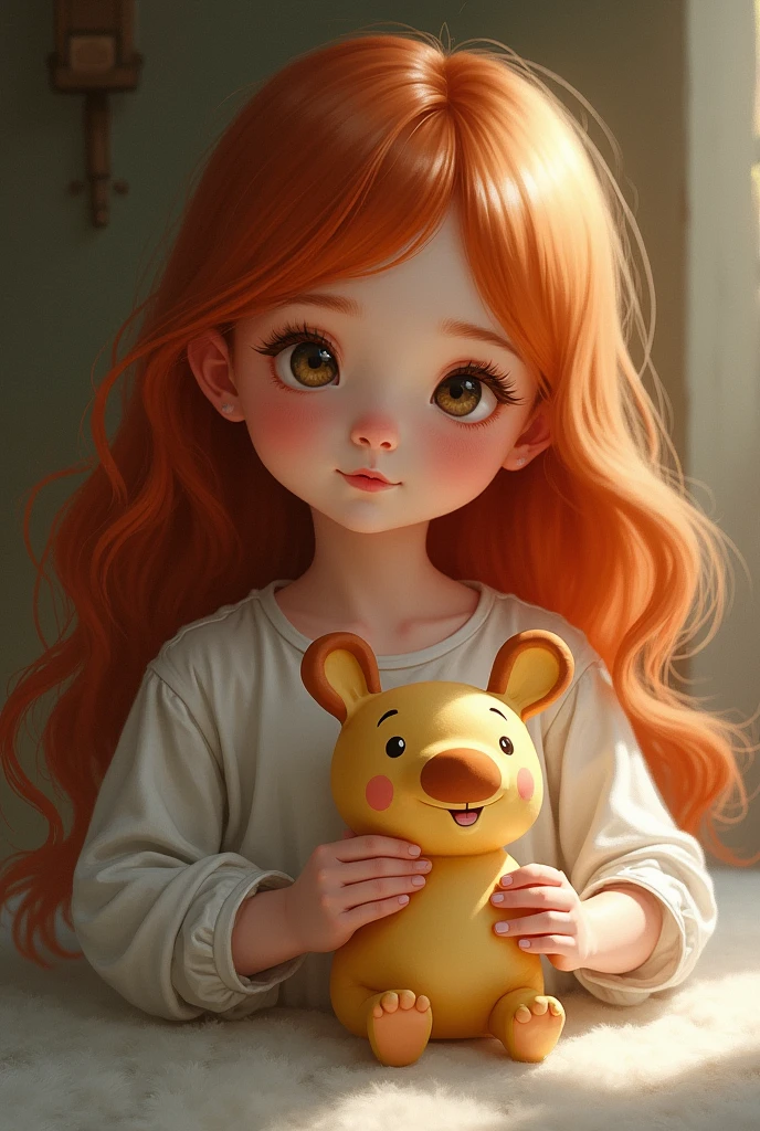 an innocent female , with long red hair, holding a toy .