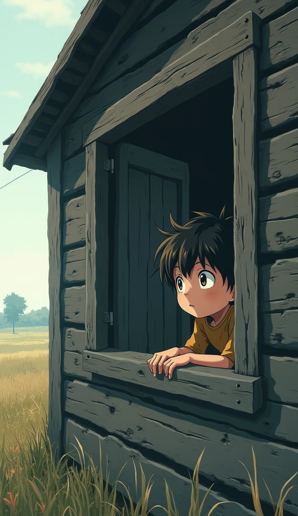 2D anime a wooden old rough house a   with messy hair looking farward through a open large window one sided angle of boy