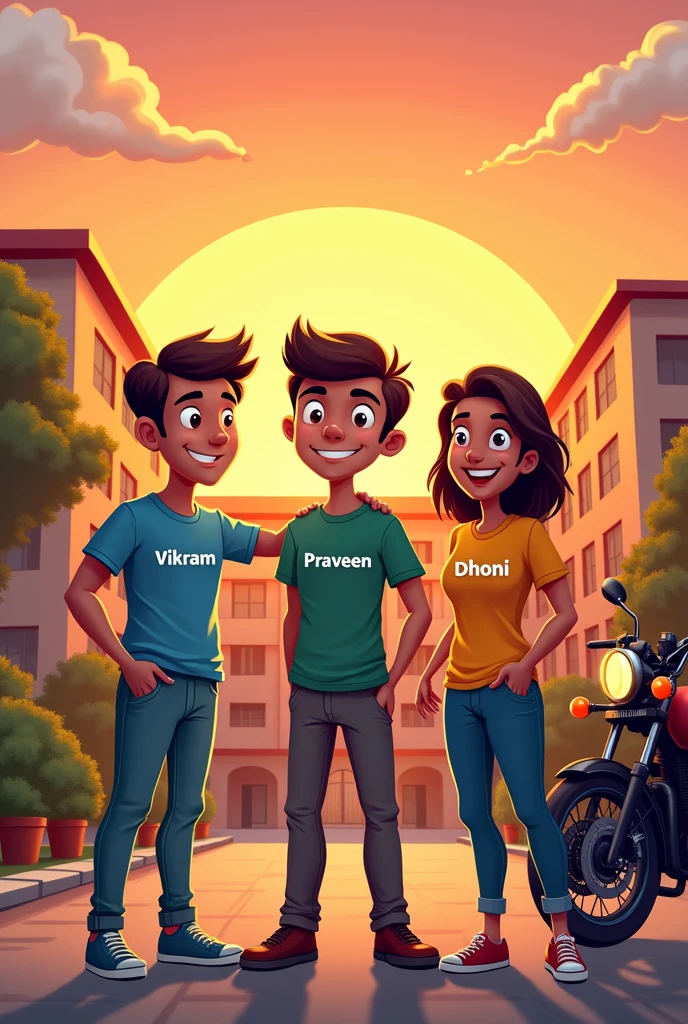 Hey, please make me such a cartoon photo in which 3 friends are standing in front of a college and Vikram is written on one boy's t-shirt and Praveen on another boy's t-shirt and Dhoni should be written and it is time for sunset, he should have a bullet bike
