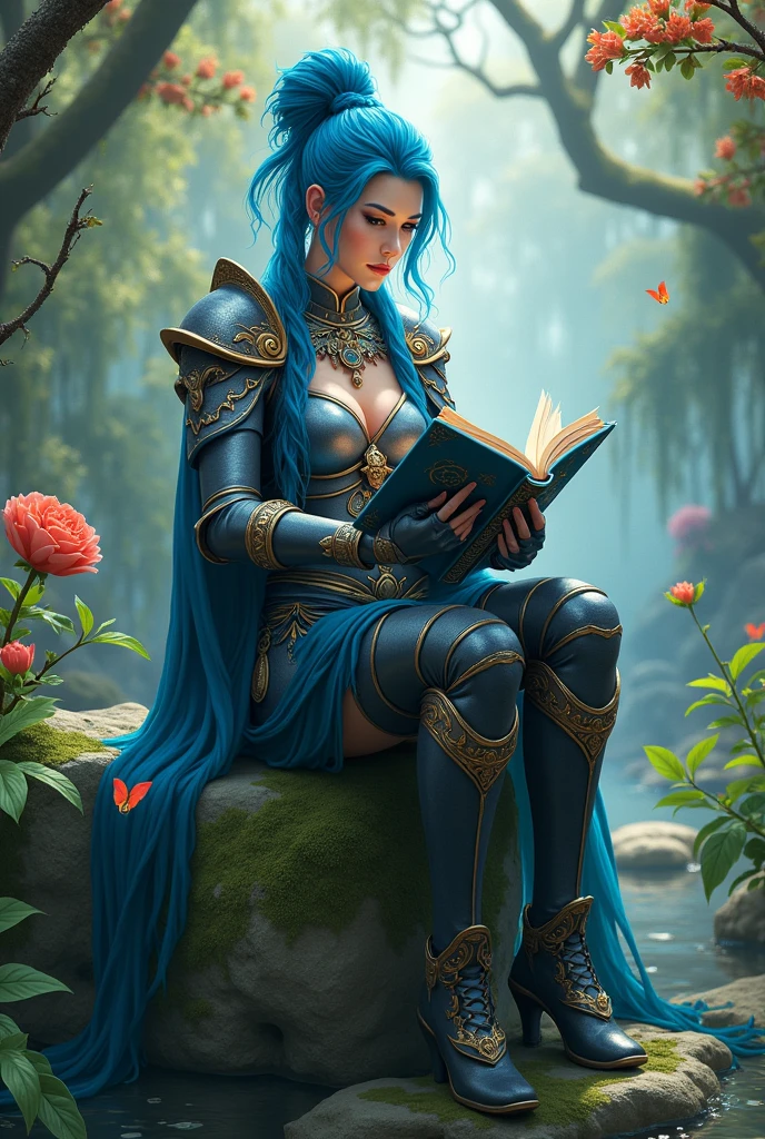 woman with blue hair tied up,with a blue spell book,in an oriental garden,sitting on a rock ,dressed in armor