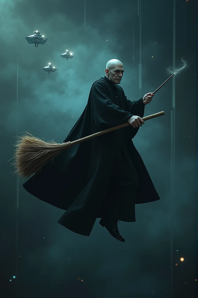 Create an image of Minister Alexandre de Moraes of the Brazilian Supreme Court as Valdermort going on a flying broom into space to deactivate the Starlink satellites