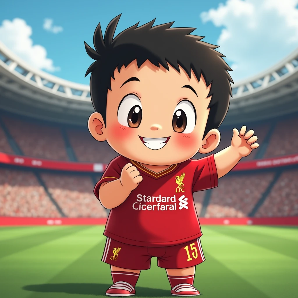 Cute chubby boy smiles in Toriyama Akira style, bows like a Thai and wears a Liverpool shirt, standing in a cartoon style. High-quality dynamic photos, detailed and colorful. Realistic and colorful poses, the background is Andfield Stadium.