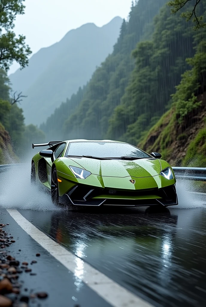 Lamborghini Aventador SVJ drifiting in rain soaked hill road