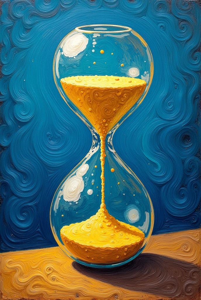 An hourglass with sand in Vincent Van Gogh painting style with blue and yellow Colors 