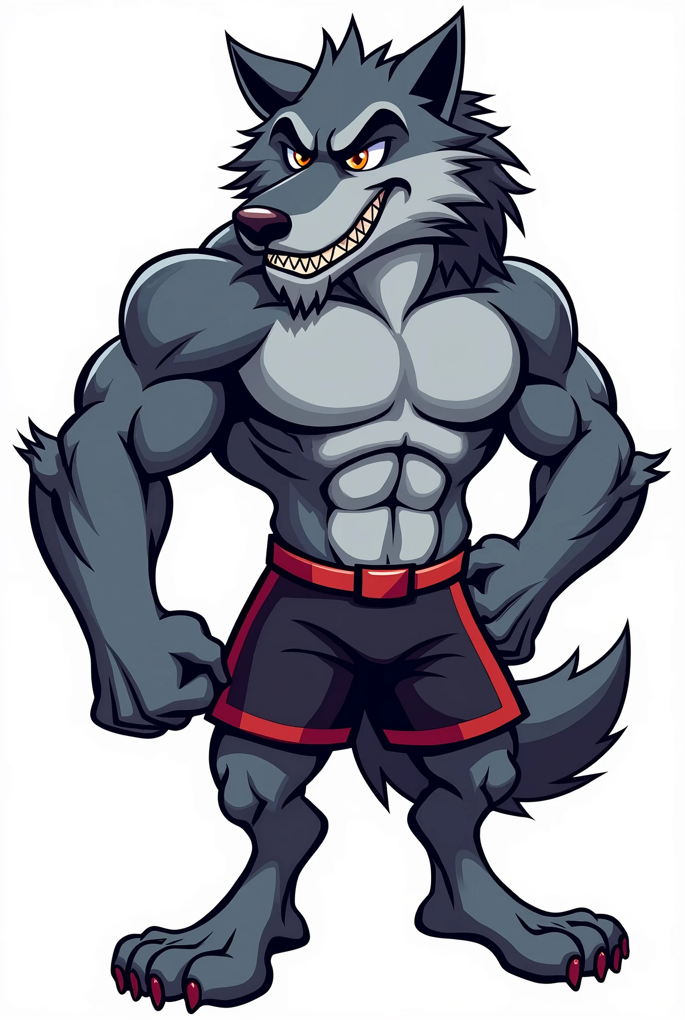 Wolf for college athletic mascot, brawny, with a confident smile, agressive, art style cartoon, in png with nothing in the background