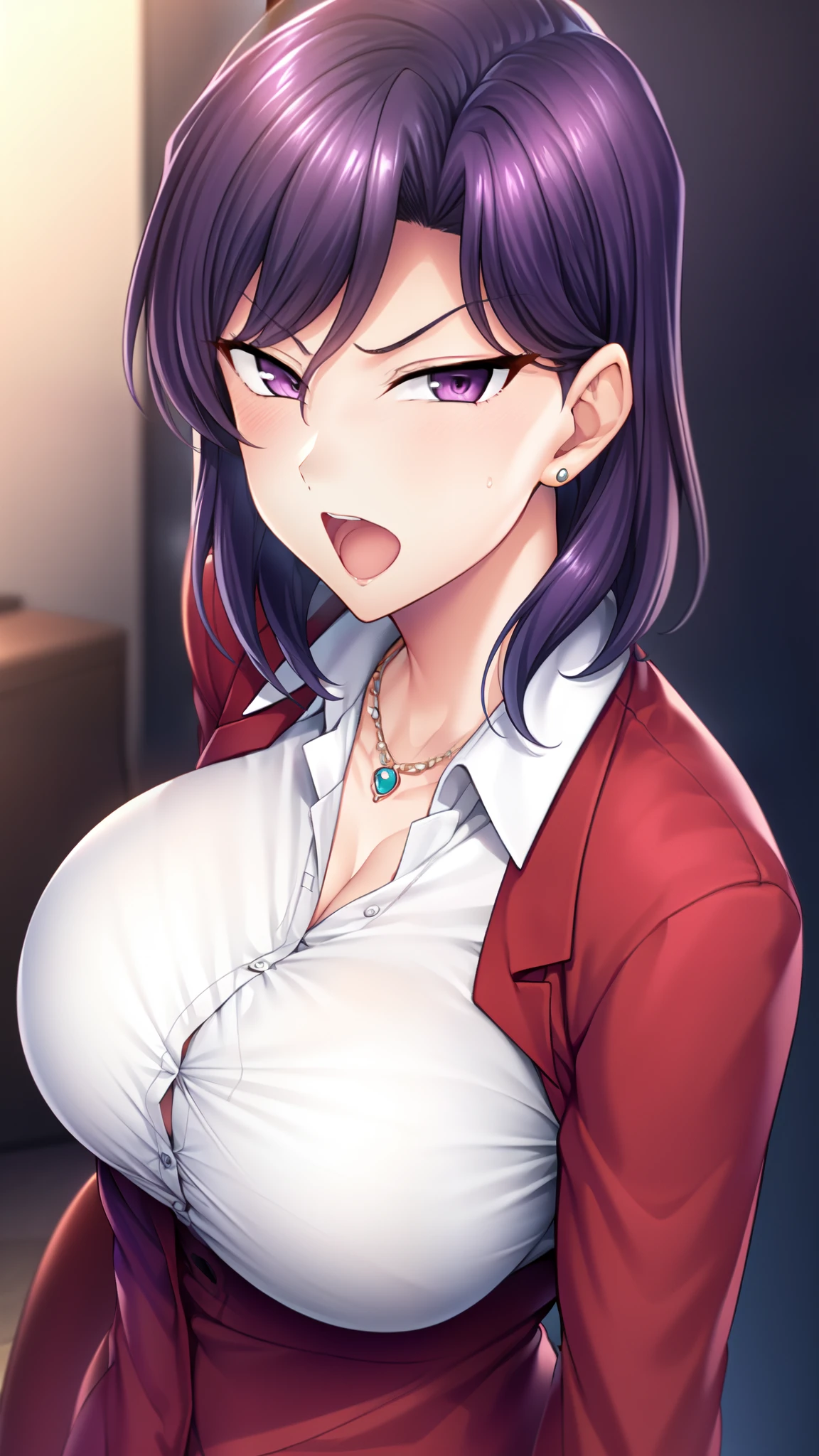 1girl, solo, looking at viewer, short hair, serious, open mouth, close-up, upper body, large breasts, shirt, long sleeves, jewelry, purple eyes, jacket, white shirt, purple hair, earrings, collared shirt, necklace, ,  , formal,  suit, , red jacket,   mature female, office lady,   official art, , remely detailed CG unity 8k wallpaper, Colorful, (masterpiece:1.0), (best_quality:1.0), ultra high res, 4K, ultra-detailed,aiue oka
