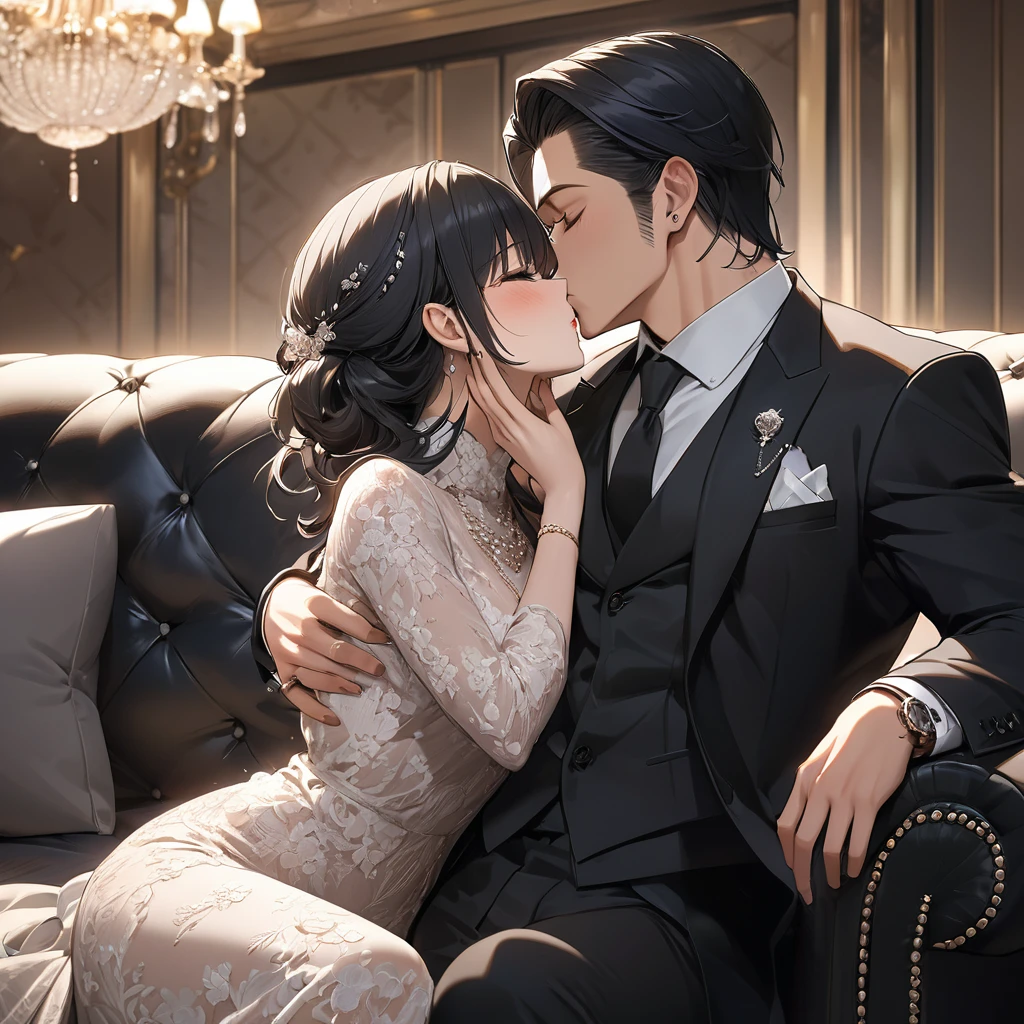 ((Highest quality)), ((masterpiece)), (detailed), （Perfect Face）、The woman is Reika Aoki, the wife of a mafia boss, with medium-long black hair and an engagement ring.、On a luxurious sofa in a luxurious room, the woman is embraced by her beloved husband, the mafia boss, and while kissing, she accepts her beloved husband&#39;s penis into her pussy, and they have loving sex, receiving a large amount of .、The woman loves her husband dearly and becomes a ruthless mafia woman for him, accepting everything about him.