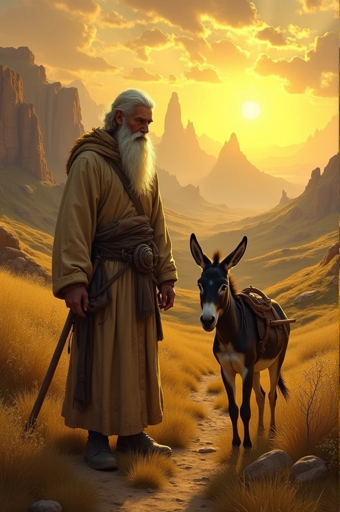 Valley of gold and a skinny man with a long white beard and a weak donkey