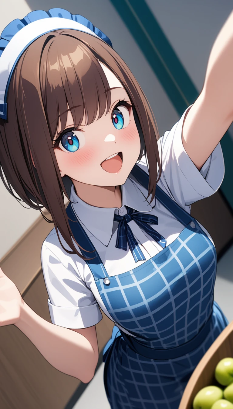 Beauty: 1.3),One person,masterpiece, Highest quality, Ultra-high resolution,Rich contrast,super high quality,8k,Highly detailed CG unit wallpaper,texture,Unbelievably absurd,Ultra-high resolution,RAW Photos,Depth of Field 1.2,crew, blue bow, blue bowtie, white shirt, short sleeves, blue skirt, blue apron, gingham apron, employee uniform, high-waist skirt, waitress,(Brown Hair,Layered cut),happy,Very fine eye,bigeyes,looking pleasured, (Perfect hands, Perfect Anatomy),Glowing Skin,Cute cat hairpin,restaurant,Beautiful glossy lips,pinup,((extreme close-up)),light smile,(Large Breasts:1.5),I am checking out customers at the cash register.