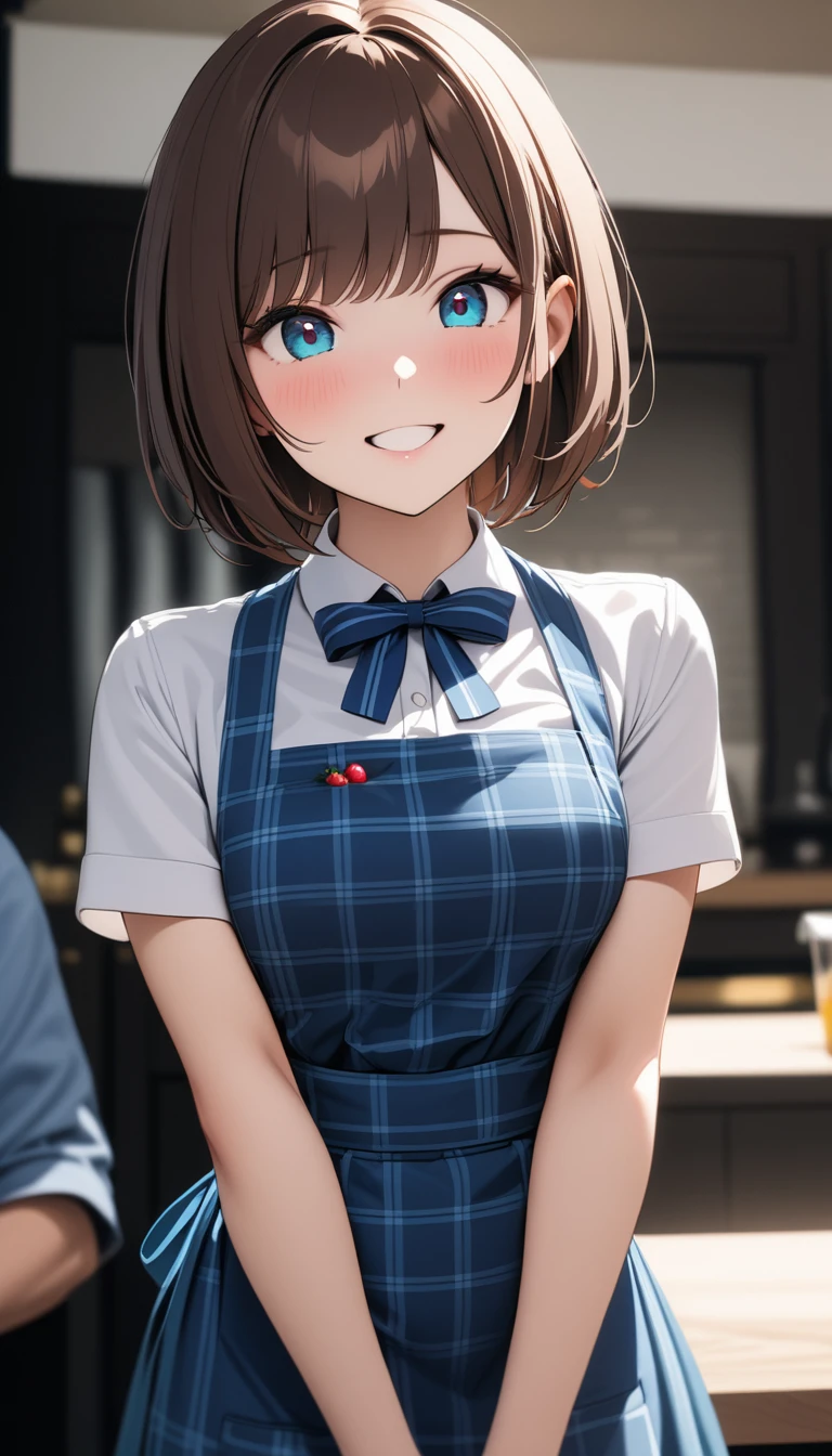 (beauty: 1.3),One person,masterpiece, Highest quality, Ultra-high resolution,Rich contrast,super high quality,8k,Highly detailed CG unit wallpaper,texture,Unbelievably absurd,Ultra-high resolution,RAW Photos,Depth of Field 1.2,crew, Blue ribbon, Blue ribbontie, White shirt, Short sleeve, Blue Skirt, Blue Apron, Gingham Apron, Employee uniforms, High Waist Skirt, waitress,(Brown Hair,Sharp Bob,Berry Short),Happy,Very beautiful eyes,Big eyes,Looks like he's happy, (Perfect hands, Perfect Anatomy),Glowing Skin,Cute cat hairpin,restaurant,Large Breasts,(Slamming to the ground),anger,skip,猫がパンを食べようとしたのでangerます