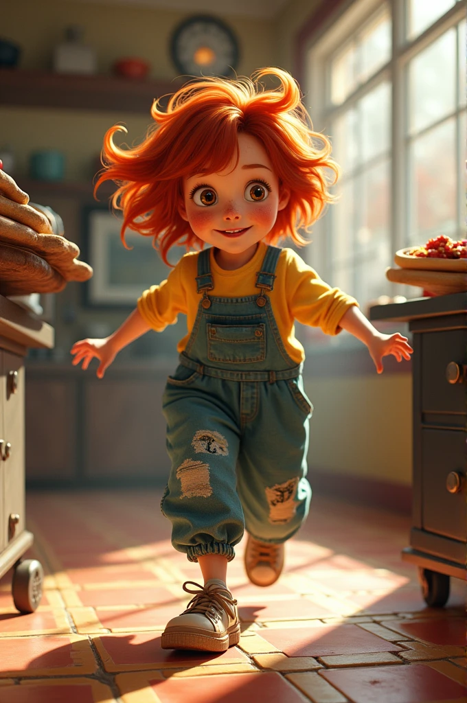 “The darted around the pizzeria, her dark ginger hair bouncing with each energetic step, strands catching the light and revealing deep, earthy tones. Freckles sprinkled across her cheeks and nose stood out against her skin, adding to her youthful, adventurous spirit. Her retro overalls, a size too big, were patched and worn but practical for her quick, nimble movements. Bright, curious eyes gleamed beneath a tousled fringe, always alert and ready for the next surprise, while her old sneakers squeaked on the tiled floor, marking her playful path through the bustling kitchen.”