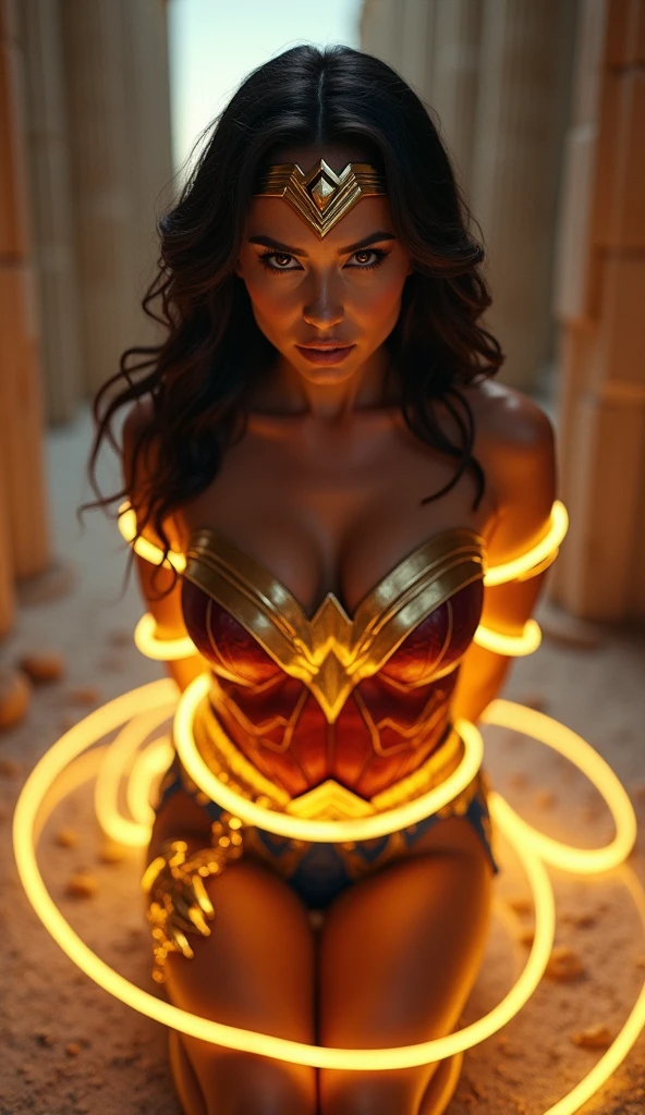Wonder woman kneeling ties up naked with her golden lasso, the lasso is glowing a golden yellow, hands bound behind her back, high angle, fish eye lens, close up on face, beautiful, stunning, perfect eyes, glamour makeup, seductive, perky breasts, Ancient Greece, temple, cleavage