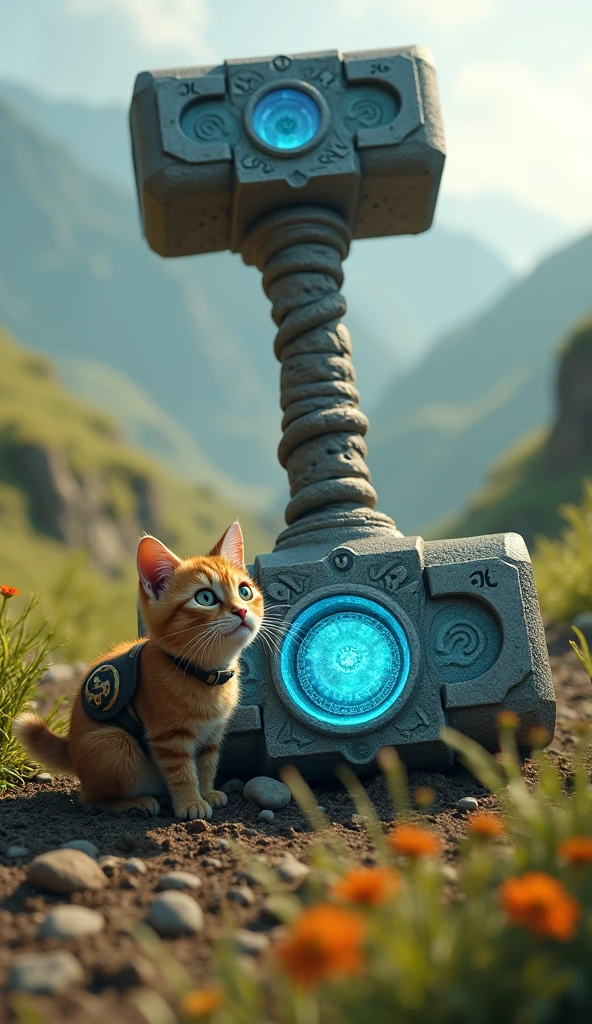 Scene 2: Catfarmer Discovers Thor’s Hammer**
- The Catfarmer stands surprised, staring down at Thor’s mighty hammer (Mjolnir) partially embedded in the ground, glowing with blue runes. The hammer looks massive compared to the small Catfarmer.