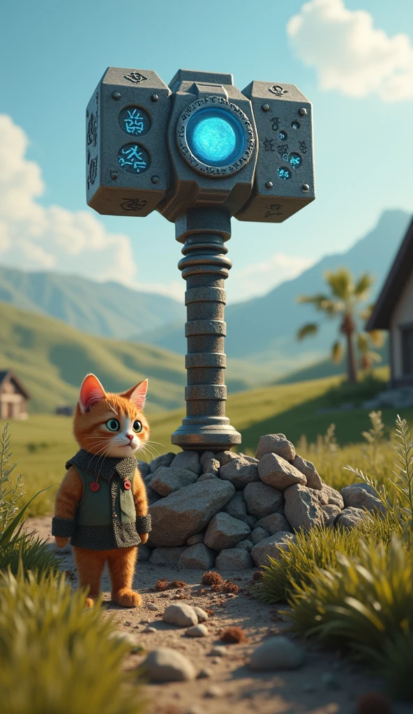 Scene 2: Catfarmer Discovers Thor’s Hammer**
- The Catfarmer stands surprised, staring down at Thor’s mighty hammer (Mjolnir) partially embedded in the ground, glowing with blue runes. The hammer looks massive compared to the small Catfarmer.