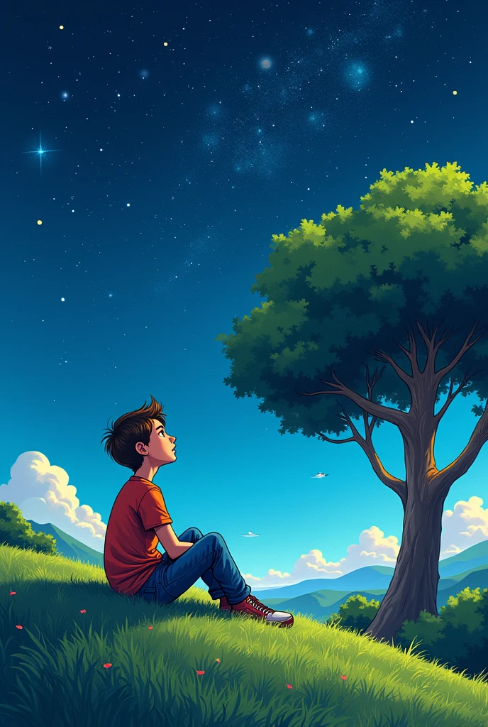 comic,a teenager watching the starry sky sitting next to a tree on a hill