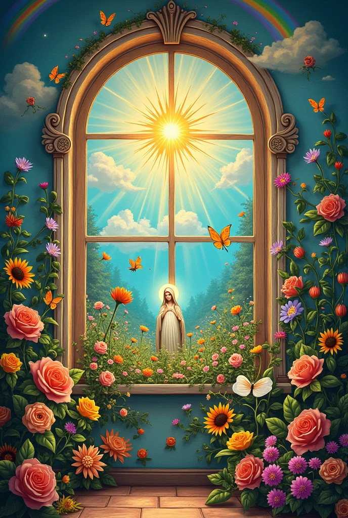 You can generate an image of a garden to paint a mural taking into account that in the center part there is a window with a virgin and that the wall is quite wide., It must also contain flowers, animals, a rainbow, a sun in the center, that is quite colorful