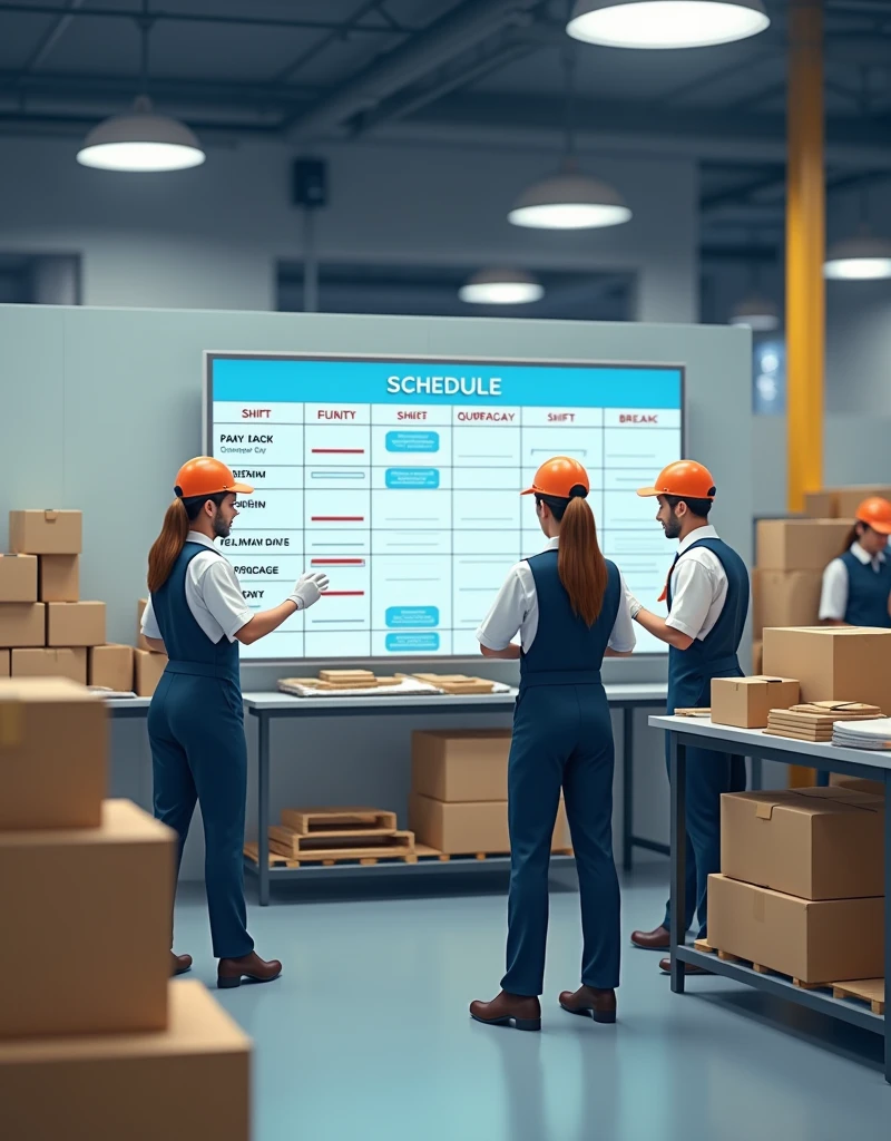 A professional and realistic image showcasing a well-structured work schedule at a fulfillment center. The scene features a clean, organized workspace with employees actively engaged in their tasks, such as packaging and sorting, with a visible digital or printed schedule board in the background. The schedule clearly outlines shifts, breaks, and tasks for the day, emphasizing the organization and clarity of the work environment. Workers are seen confidently following the schedule, reflecting a smooth and efficient operation. The overall atmosphere is one of orderliness and professionalism, highlighting the importance of a clear and structured work schedule.