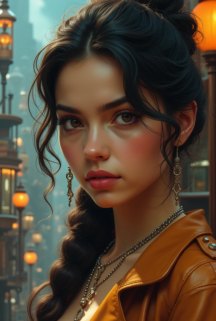 A  Colombian girl, bust, (Front facing the camera), Detailed European Faces, (Ambitious expression), (((Steampunk Style Close))), ((Steampunk city in the background)), born, Analog Style, Super detailed photos, Cinema Lighting, Art Station, 4K, Sharp focus, High resolution, Detailed skin, Detailed eyes,