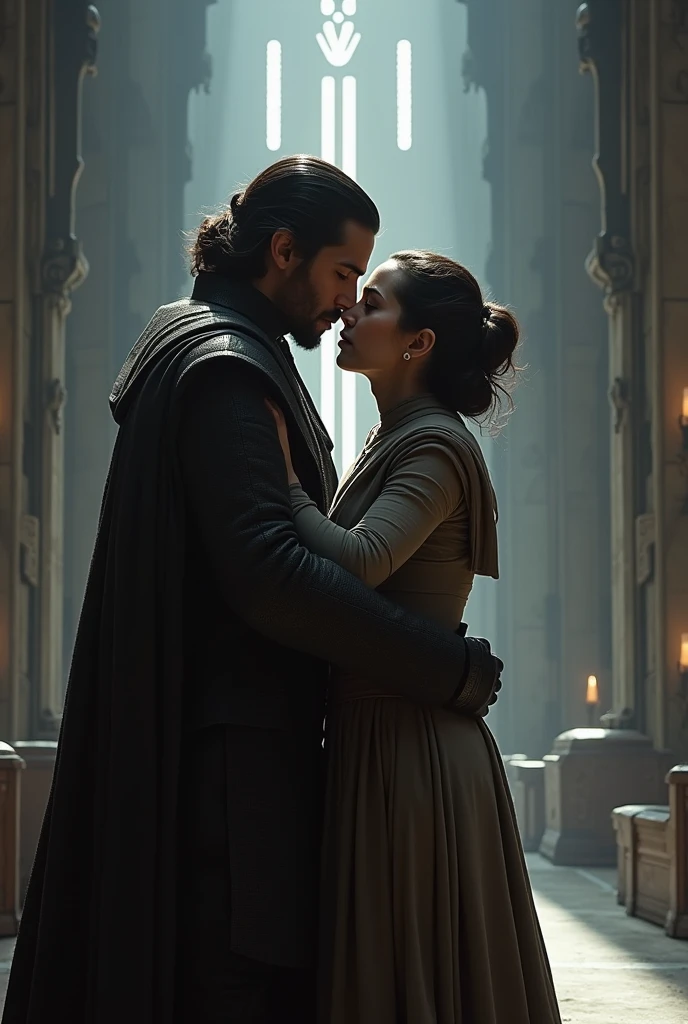 Unmasked Kylo Ren and Rey kissing in an Imperial meeting hall 