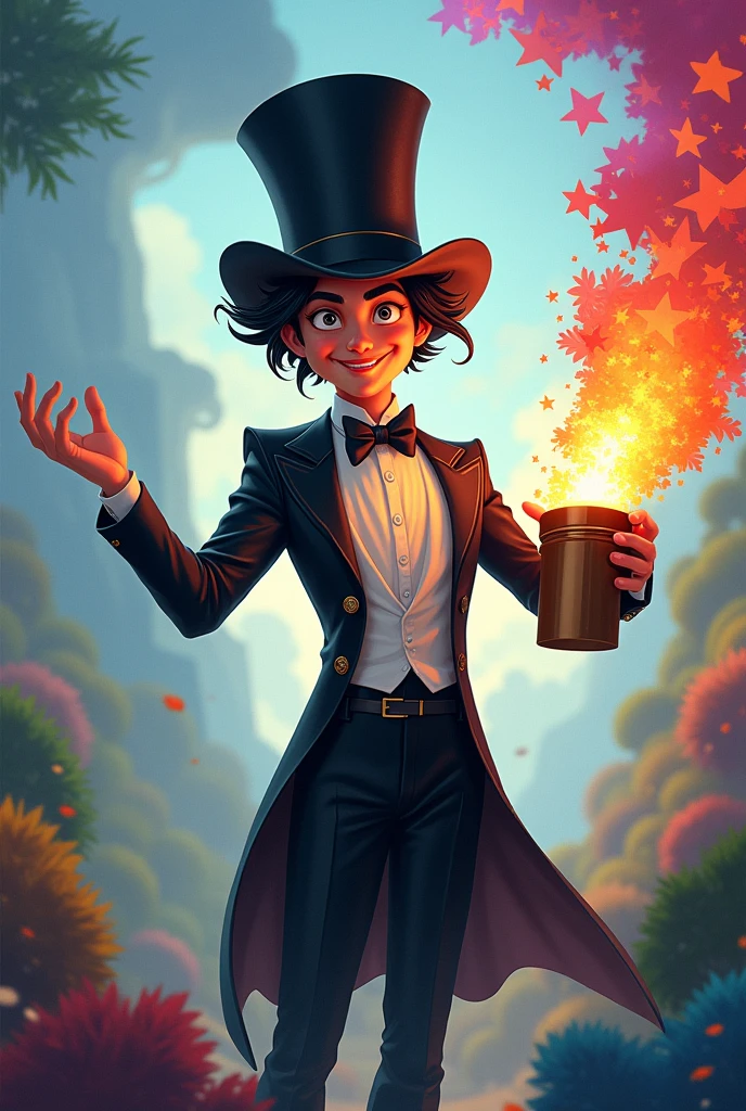 Illustration of a magician with a black and white top hat stealing the colors of the world and placing them inside a magic box. With a happy face without being gloomy