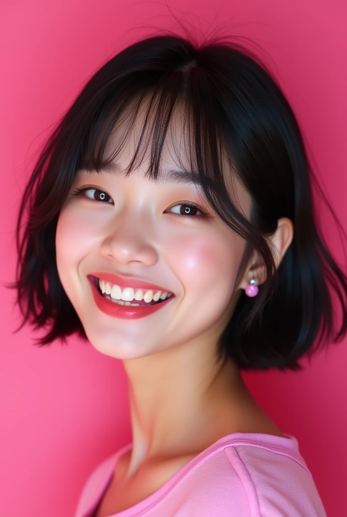 A Korean girl with short hair, Grinning, adol is kpop, pink back ground, Bblack hair, super realistico, looks like jisoo from black pink
