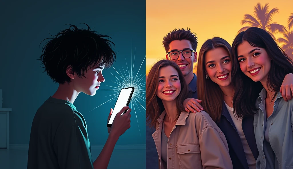 Create a realistic image wher : A split-screen image showing one side with polished social media posts and perfect smiles, and the other side a person staring at a cracked phone screen, feeling isolated.