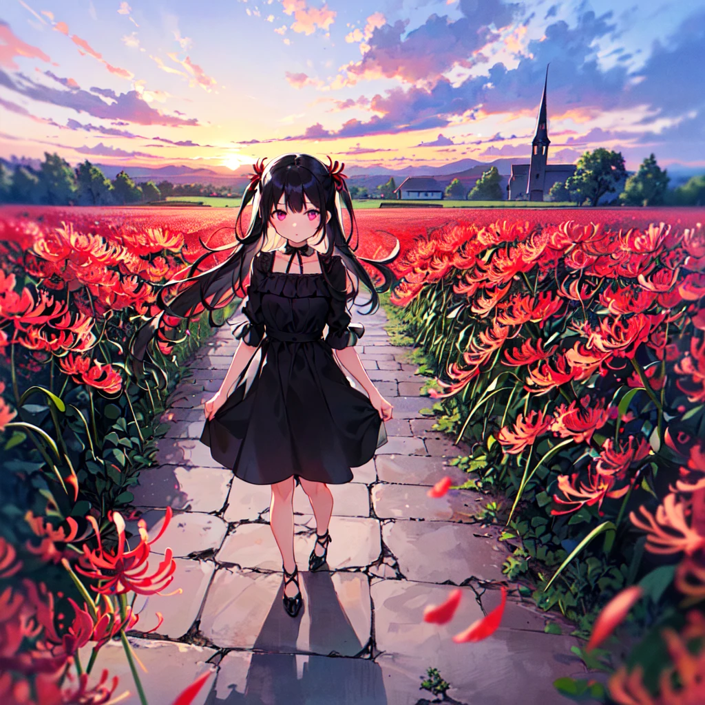 masterpiece, best quality, high quality, extremely detailed, very delicate and beautiful, (1 female 1adult solo:1.5), (two side up long black hair:1.5), bangs to eyebrows, eyes Eyes: 1.5), (Two side up black hair long:1.5), Eyebrows: 1.5), Eyes: 1.3), (Eye color: Magenta), 6.5 head height, (Black gothic dress: 1.3), Lace, Frill, (Standing), (Dynamic pose), (Sad expression), (Red spider lily flower field: 1.3), (sunset:1.3)
