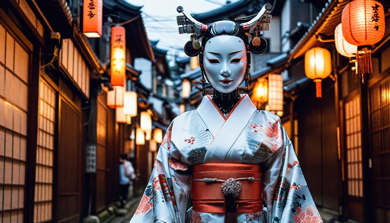 torii、temple、Bobcut、White Mask、Noh mask、Creating an image of a female android in a beautiful kimono walking through the streets of Kyoto. The style is terrible, and the fusion of humans and Robots has a mysterious and creepy atmosphere amidst the beauty. In the background is an old Japanese cityscape. It has a long neck made of machines and wears a mask. Imagine a strange and eerie picture - Ar 9:16.
creepy atmosphere, fusion, horor, Japanese cityscape, long neck, Robots, at 6
