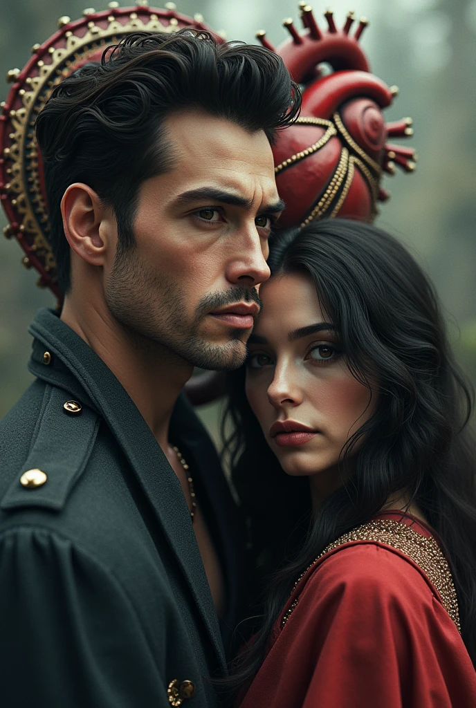 central face of a handsome man, next to a beautiful woman with a sad expression, in the background with a heart in impressive repair, something that doesn't even exist, impressive beauty.