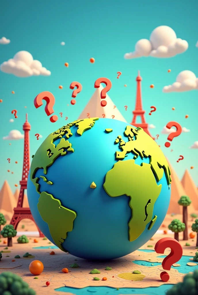Create a vibrant, eye-catching image for a quiz video about geography. The image should include a large globe at the center, surrounded by various geographical elements like maps, compasses, and landmarks such as the Eiffel Tower, pyramids, and mountains. Add quiz-related symbols like question marks and checkmarks floating around the globe, with a playful, engaging style. Use a color palette with bright and contrasting colors like blue, green, yellow, and red to make it visually appealing and attention-grabbing. The overall vibe should be fun and educational, inviting viewers to participate in the quiz