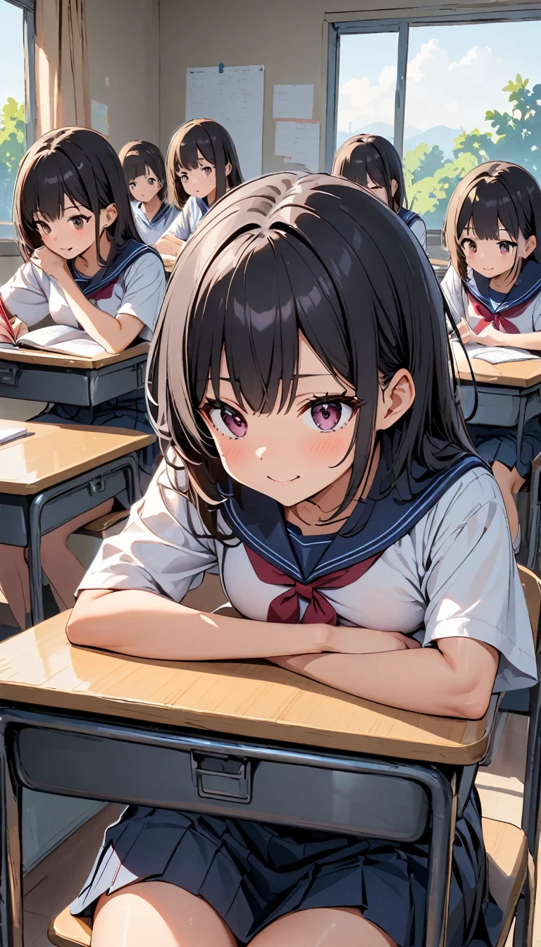 Show the same caractere studying sitting in a class room