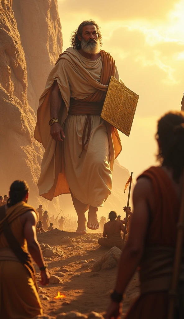 Moses Descends from Mount Sinai Description: Moses comes down from Mount Sinai with the great Tablets of the Law and sees what is happening. Show your reaction of shock and anger.
    imagery: Moses with the tablets, the vision of the golden calf and the worship.