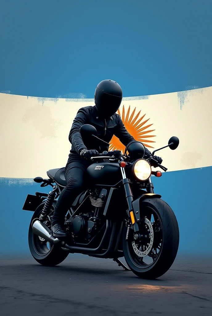 Generate an image of a black motorcycle and its rider wearing black clothing, that has the Argentine flag in the background. Minimalist style