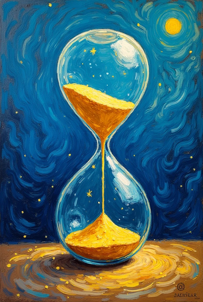 An hourglass with sand in Vincent Van Gogh painting style with blue and yellow Colors