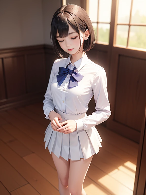 (masterpiece、Highest quality:1.7)、(:1.5)、(Above the knee shot:1.5)、Bobcut、Black Hair、85mm、16K、Official Art、RAW Photos、Best Beautiful Faces、Close-up、Violet、Gardenia、((The best beautiful girl、very cute))、Red blush on cheeks、indoor、(Are standing:1.8)、Film Grain、Chromatic Aberration、Sharp Focus、(((Nice hands、Perfect hands、Perfect Fingers、Thin and delicate fingers、A perfect body without flaws)))、Detailed face、(Slender body:1.5)、(Slender body:1.4)、(Small breasts:1.9)、(Let your bangs hang down:1.8)、(Blushing:1.8)、(Low contrast lighting:1.2)、(White tight business blouse with round collar:1.5)、(White bow tie blouse:1.3)、(Long sleeve: 1.5)、(A very short white pleated mini skirt:1.5)、(Eyes closed:1.5)、back shot,(leaning forward:1.1)