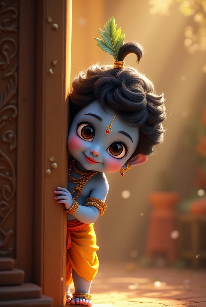 Cute childhood blue kanha peeping out from a corner
