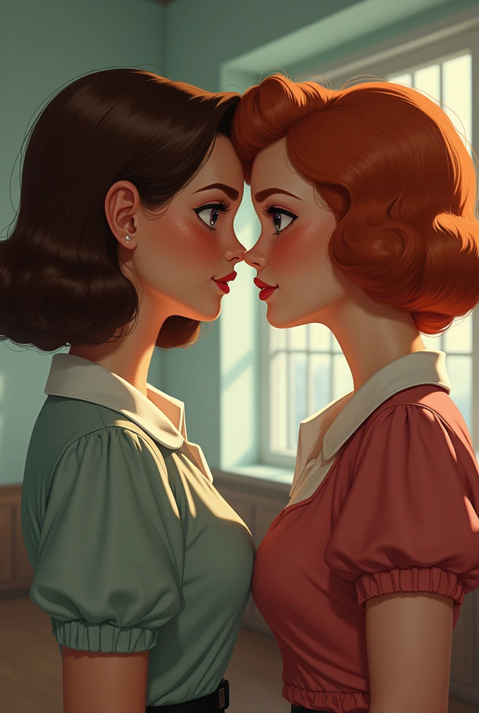 In 50s girl, hair brown, eyes violet. Secret love for bad ginger girl, hair pixie cut, freckles, amber eyes. Scenario: school 50s