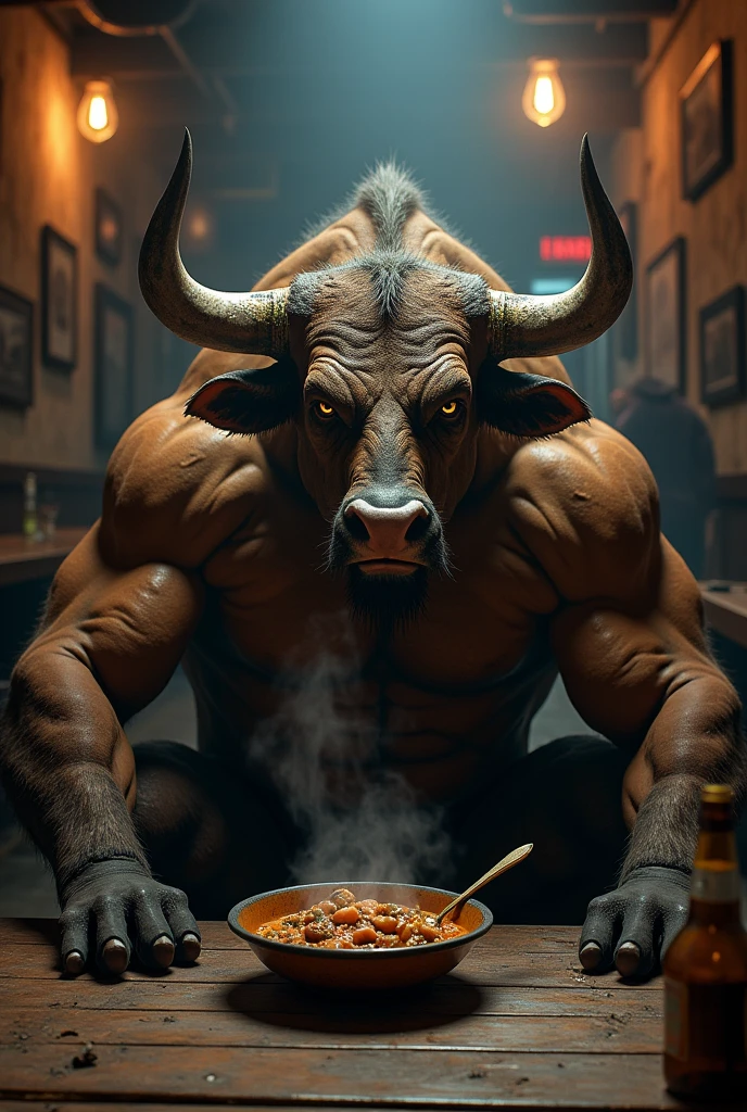 A tough bull sitting in a bar eating pozole