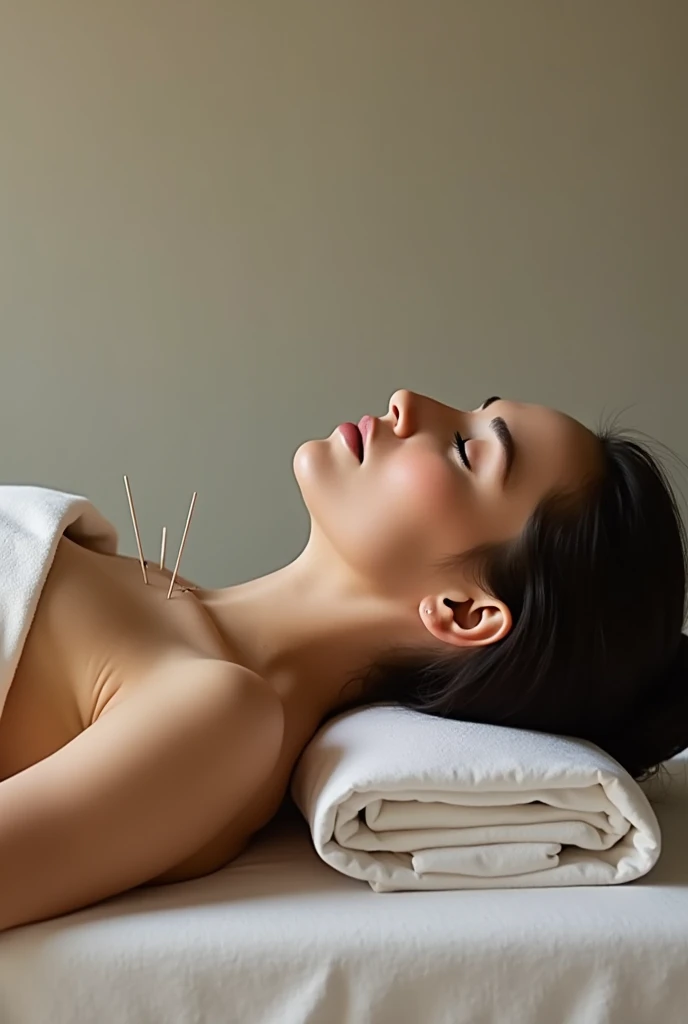 woman undergoing acupuncture with few needles in the "back", large horizontal image