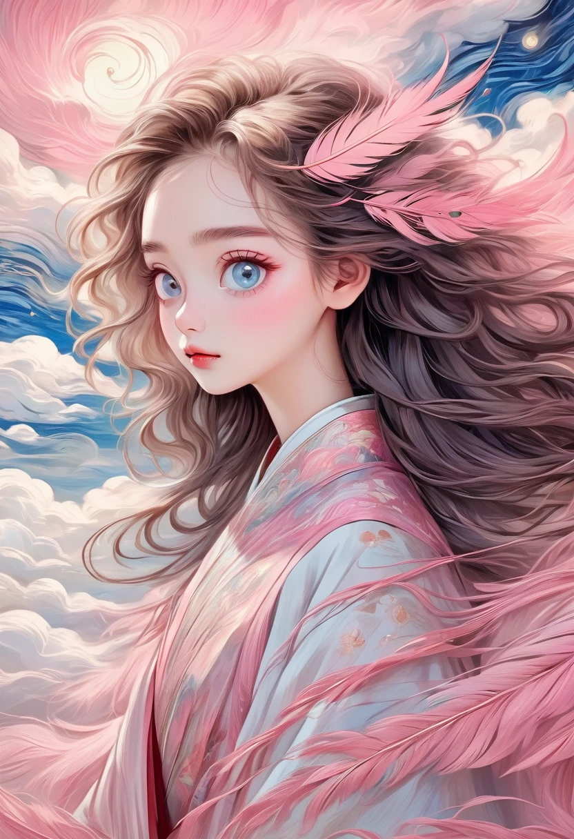 Hand-drawn style：Rough Texture，（In the clouds，1 Girl，Beautiful face，big eyes，Bright Eyes，Delicate lashes，Fluffy messy long hair，Delicate hair，Hanfu，beautiful feathers，Human anatomy is correct）。Beautiful details，Texture，Integrating into the art of Van Gogh，Layered art，Lines winding，pink