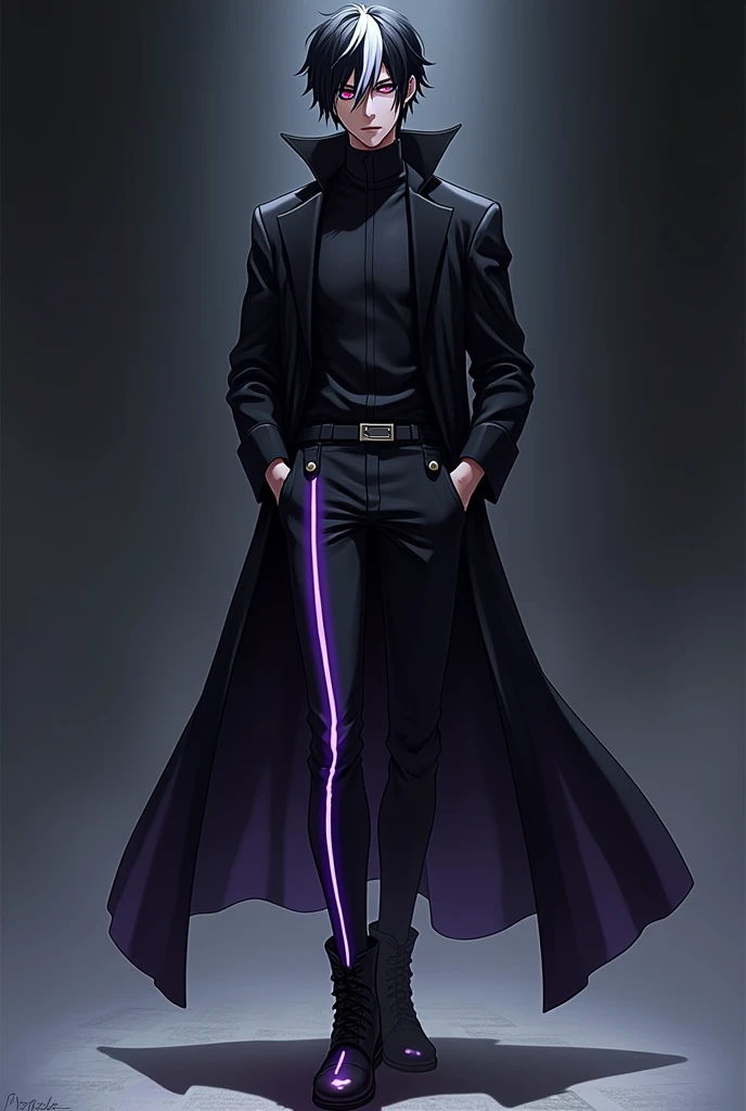 Sexy black skin man anime character Black hair with a white stripe on it, wearing a long black jacket and wearing a long, dark gray pants with glowing purple stripes on it and wearing boots