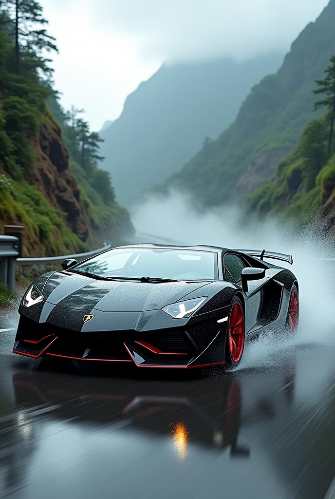 Lamborghini Aventador SVJ drifiting in rain soaked hill road 